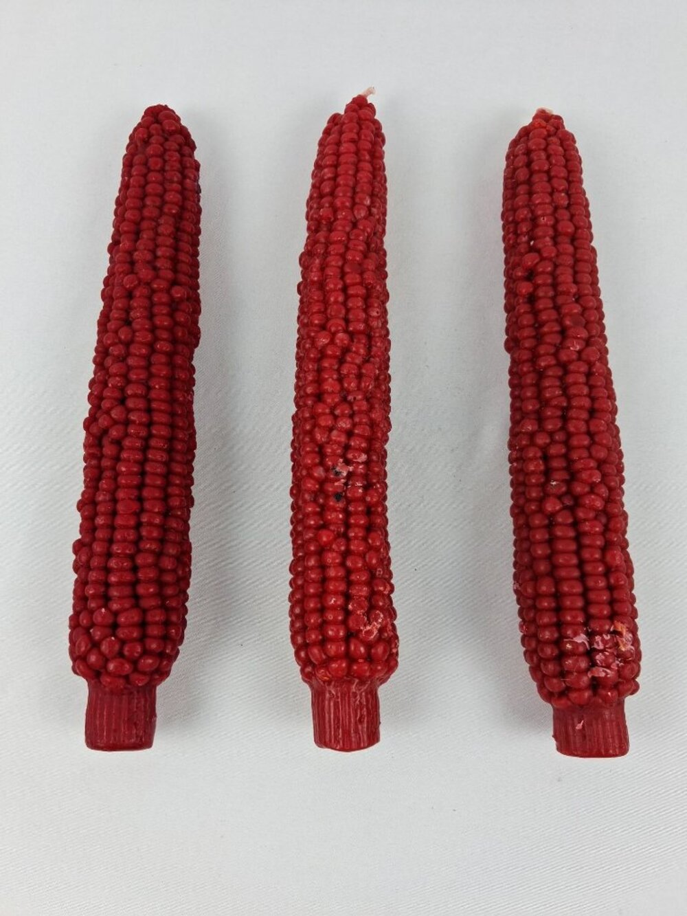 Set Of 3 Vintage Red Corn Shaped Decorative Wax Candles 9" Long Never Lit
